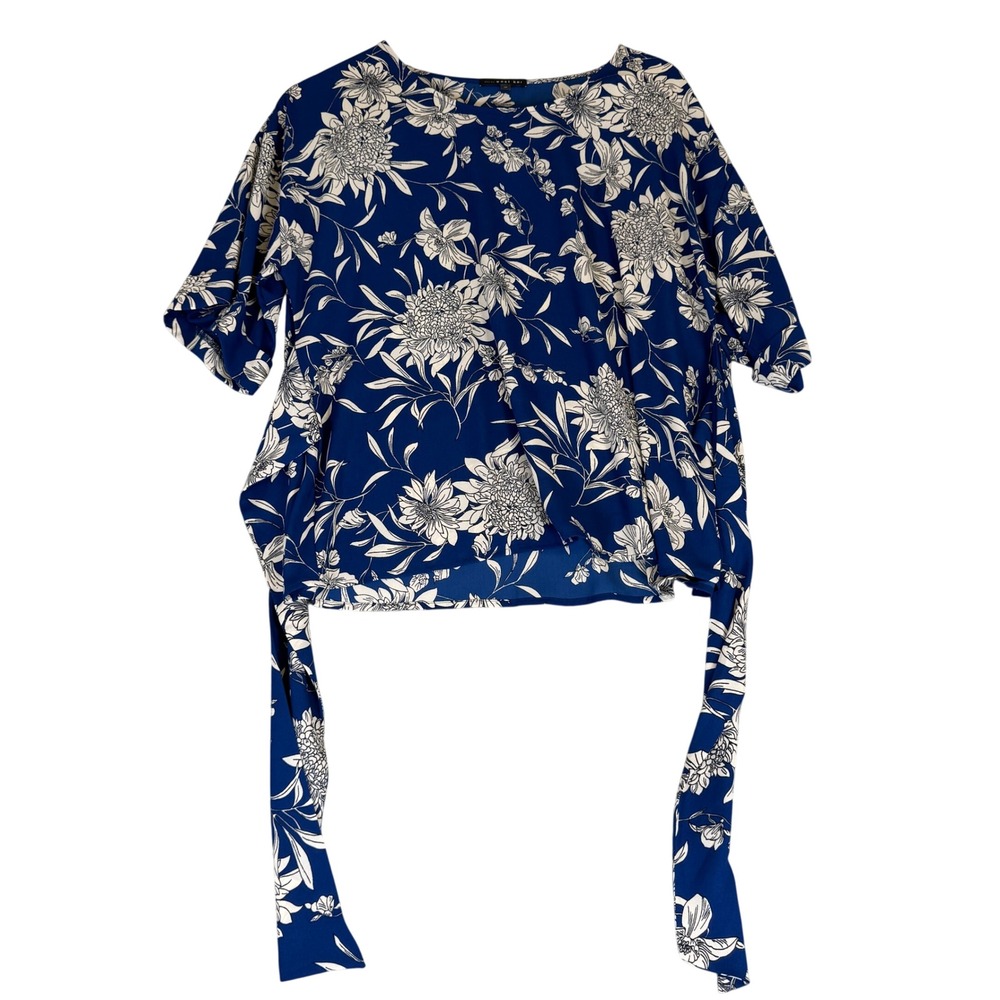 West Kei Blue White Floral Short Sleeve Side Tie Blouse Top TU 38370-E Medium
